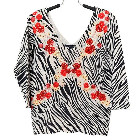 Maurice Sasson Tops - Maurice Sasson Zebra Print Silk Blend Blouse Top Embellished Red Beads Sequins S